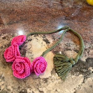 Handmade Pink Crochet Flower Belt/headband with Olive Green Tie with tassels.